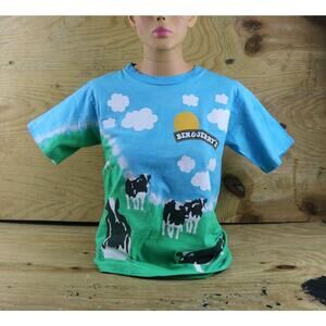 Ben and Jerrys T Shirt Small Cows Logo Liquid Blue Double Sided Vintage USA